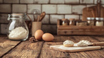 Wall Mural - Rustic kitchen setup with baking ingredients on wooden table