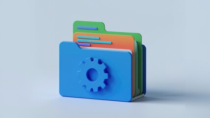 Leinwandbilder - 3D blue folder with colorful files and gear icon.