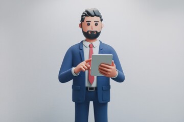 Poster - A 3D cartoon businessman in a suit using a tablet  appearing surprised or intrigued.