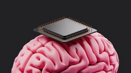 Leinwandbilder - Computer chip on human brain symbolizes AI and human tech merge.