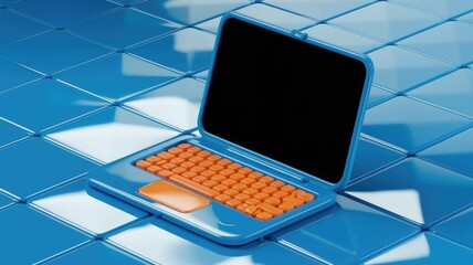 Fototapete - A vibrant blue laptop with an orange keyboard rests on a glossy blue tiled surface.