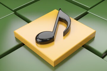 Fototapete - Black musical note on yellow square with green cubes background.