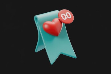 Poster - 3D render of a teal bookmark with a red heart and a notification of zero likes.
