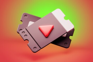 Poster - Two 3D rendered tickets with a play button  symbolizing online video access or event.