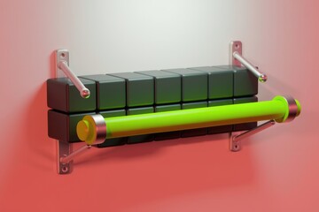 Leinwandbilder - Abstract lime green rod on dark green cube shelf.