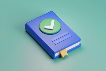 Leinwandbilder - A 3D rendered blue book with a green checkmark  signifying completion or verification.
