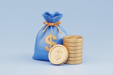 Aufkleber - A blue money bag with a dollar sign and a stack of gold coins symbolizes wealth and finance.