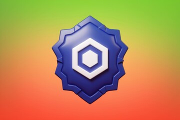 Aufkleber - A 3D rendered blue badge with a white hexagon in the center  against a colorful gradient background.