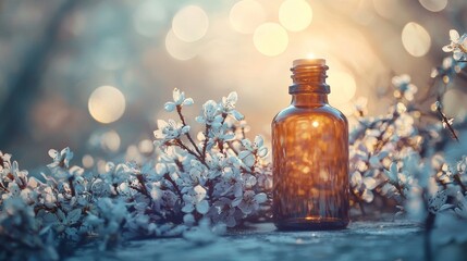 Wall Mural - amber glass bottle with spring blossoms and soft bokeh lights