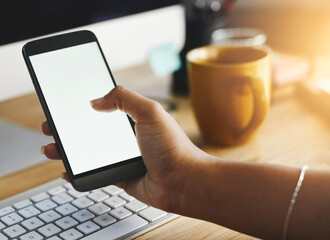 Poster - Mockup, phone screen and hands of business person in office for website, social media and internet chat. Night, space and worker typing on smartphone for research, online contact and email networking