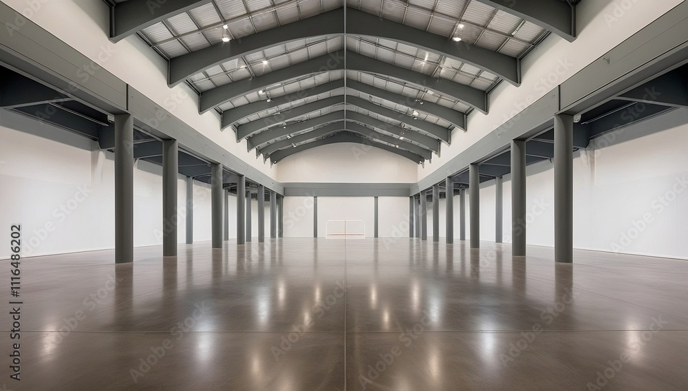 modern exhibition hall with a high, vaulted ceiling, spanning large ...