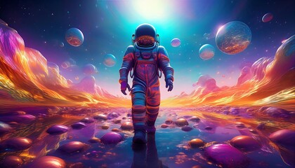 Wall Mural - Reflective astronaut exploring vibrant galaxy of shimmering colors and cosmic wonders. Generative AI