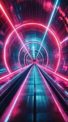 Aufkleber - Futuristic neon lit tunnel with symmetrical glowing lights, digital art concept