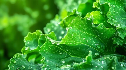 Wall Mural - Close-up of fresh green leaves with water droplets, showcasing a vibrant and healthy natural texture.