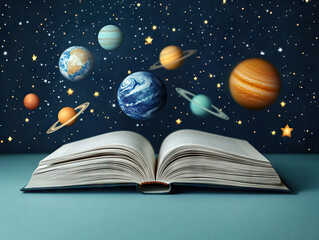 Wall Mural - open book with planets and stars emerging from its pages, symbolizing imagination, science, and wond