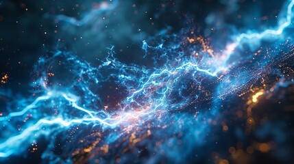 Wall Mural - This photo depicts a striking abstract image of a blue and black background illuminated by multiple lightning strikes.