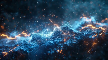 Wall Mural - This photo depicts a striking abstract image of a blue and black background illuminated by multiple lightning strikes.