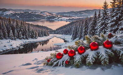 Poster - Christmas tree with red balls on it. The tree is in the snow. The snow is white