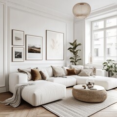 Aufkleber - Modern Scandinavian and minimalist living room interior. White empty room. Scandinavian interior design. Home Nordic interior.
