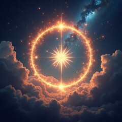 Wall Mural - A huge circle glowing with a mystical light in the sky among the twinkling stars. Dramatic illustration, vibrant exciting colors - generative AI