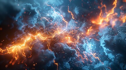 Wall Mural - This photo depicts a striking abstract image of a blue and black background illuminated by multiple lightning strikes.