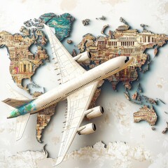 Aufkleber - 3D Airplane in Clouds and Globe Isolated. Render World Travelling by Plane. World Map with Aircraft. Time to Travel Concept, Holiday Planning. Tourist Worldwide Transportation. Vector Illustration