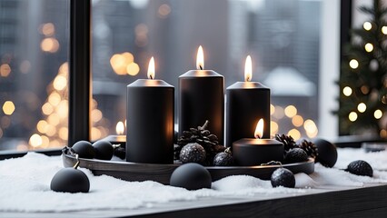 Wall Mural - Modern Advent wreath with sleek black candles, one glowing brightly, set amidst minimalist Christmas decorations on a snowy rooftop terrace.