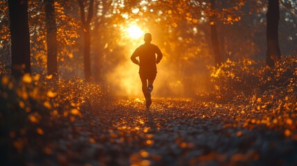 Poster - A person jogs along a trail in a beautiful forest during sunset, with warm sunlight filtering through the trees and colorful autumn leaves creating a serene atmosphere.