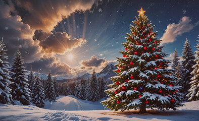 Poster - Christmas tree with red and blue ornaments is in a snowy field. The sky is cloudy and the sun is shining through the clouds
