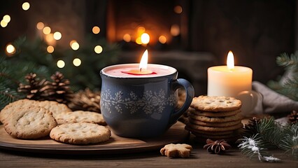 Wall Mural - Cozy scene featuring a ceramic mug of hot punch with frothy top, a side of festive cookies, and warm candlelight on a winter evening.-