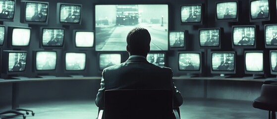 Wall Mural - a suited figure faces an array of screens, representing the weight of information and decision-makin