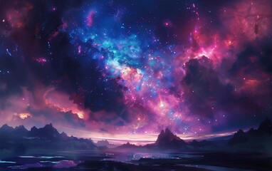 Wall Mural - cosmic bloom: a breathtaking digital painting of a vibrant nebula exploding across a fantastical lan