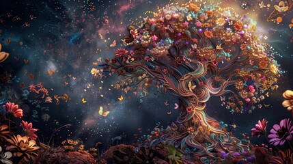 Wall Mural - cosmic bloom: a surreal and vibrant tree, adorned with a kaleidoscope of flowers and butterflies, bl