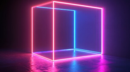 Wall Mural - Glowing neon cube with pink and blue lines, reflecting on a dark surface.