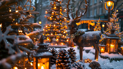 Poster - A festive outdoor display featuring an oversized wooden reindeer surrounded by glowing lanterns and snow-dusted pinecones, set against a snowy backdrop.