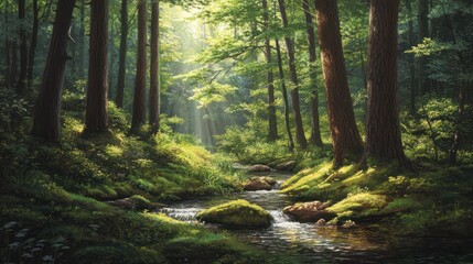 Wall Mural - Sunlit Forest Stream: A Tranquil Woodland Scene