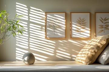 Wall Mural - Cozy sunlit interior with leaf art and cushions creating tranquil atmosphere