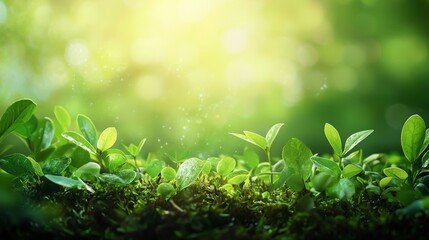Wall Mural - fresh green leaves and moss with sunlight in a natural environment