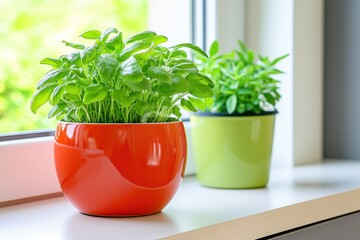 Canvas Print - Modern kitchen interior featuring matte gray cabinets, vibrant red clay pot, and lush sage green potted plants on the counter emphasizing a fresh and stylish atmosphere