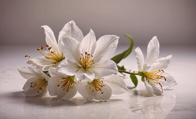Poster - Bouquet of white flowers with yellow tips. The flowers are arranged in a vase. The vase is on a table