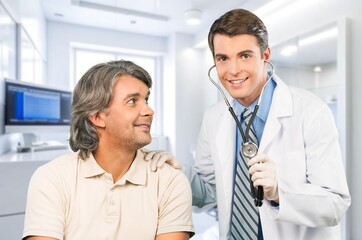 Poster - Consultation in hospital, man and doctor checkup