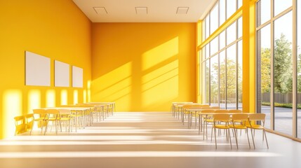 Poster - Sunny Yellow Classroom With Tables And Chairs