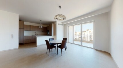 Wall Mural - Modern apartment dining area with kitchen, balcony view, and light wood floors.