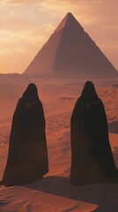 Wall Mural - Visitors explore the ancient pyramids under a stunning sunset in the Egyptian desert