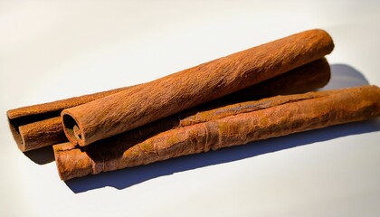 Aromatic cinnamon sticks on a white background. Warm, earthy tones.