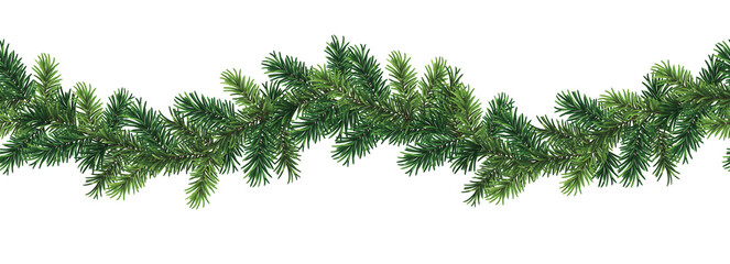 Wall Mural - green christmas branch garland in wavy seamless pattern isolated on transparent background