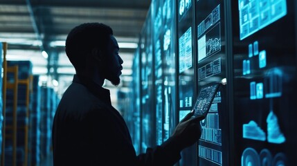 Poster - Silhouette of a man using a tablet to monitor data on large screens in a server room.