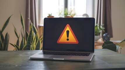 System hacked or mass tech outages worldwide causing IT systems to shut down due to system error of software with error triangle and exclamation mark on laptop