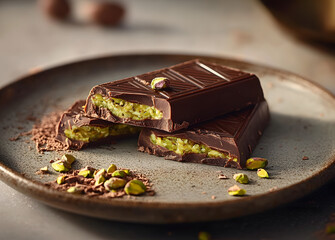 A broken bar of Dubai chocolate lies appetizingly on a ceramic plate and the delicious pistachio cream between the chocolate is clearly visible.