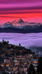 Wall Mural - Majestic mountain view at sunset with clouds enveloping the valley in a serene landscape